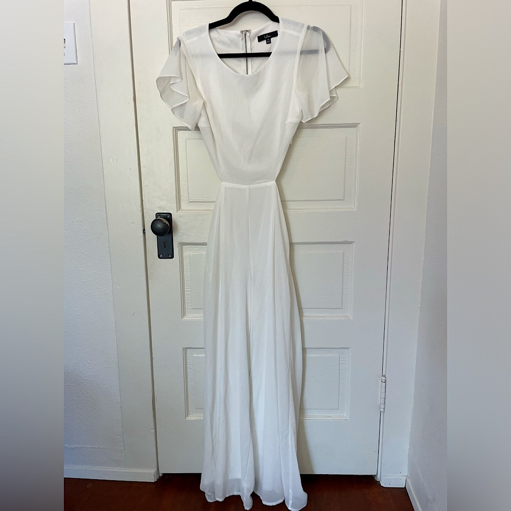 Lulu’s White Flutter Sleeve, Open Back Jumpsuit (XS)